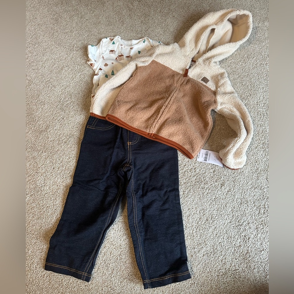 NWT Cozy Fleece Jacket, Onesie, and Denim Pants Set